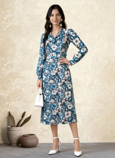 globus Globus Women Blue Cowl Neck Cuffed Sleeves Floral Print Front Slit Midi A-Line Dress With Belt